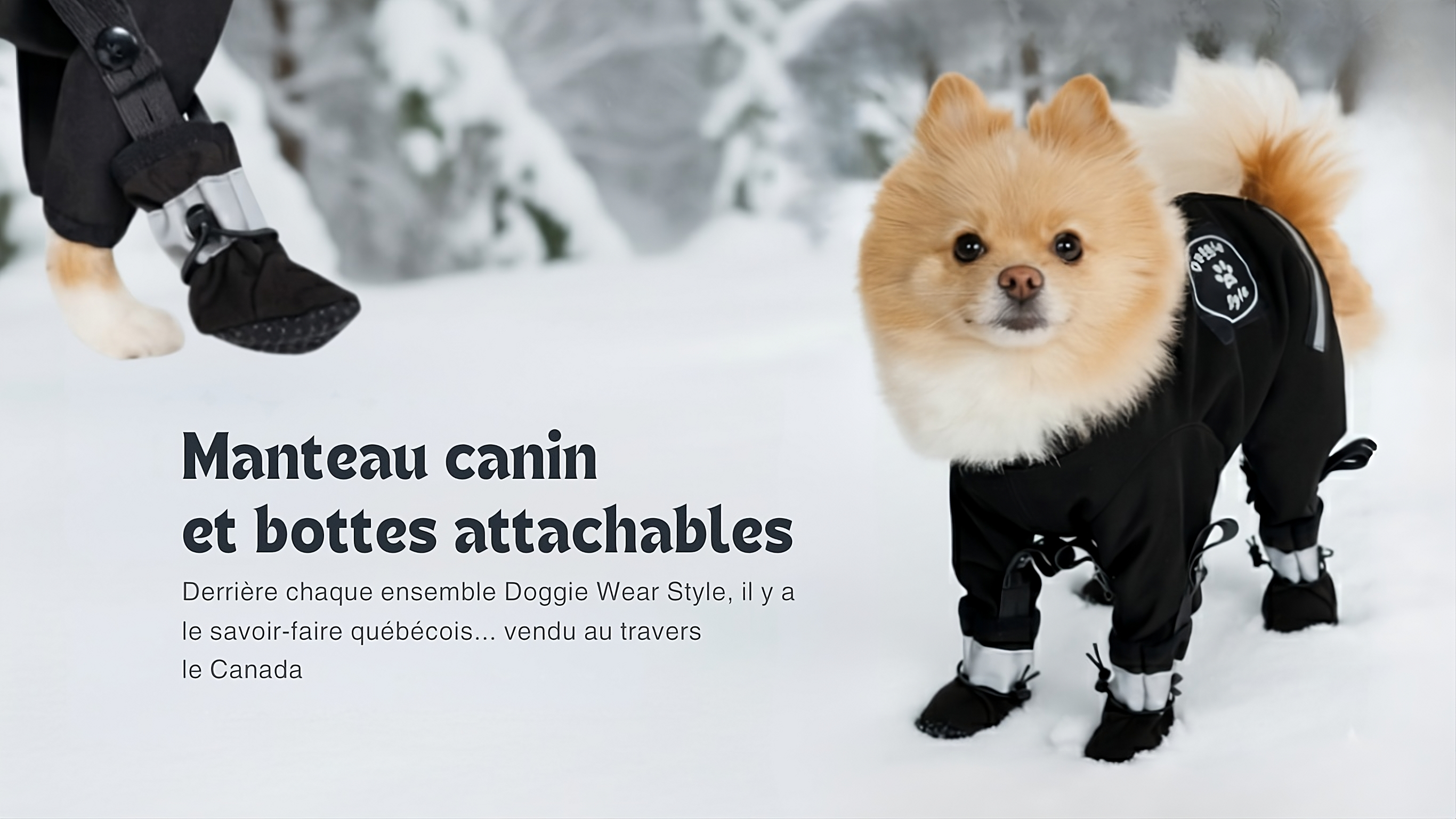 chien dans la neige protégé par un manteau avec bottes attachables. Un produit québécois